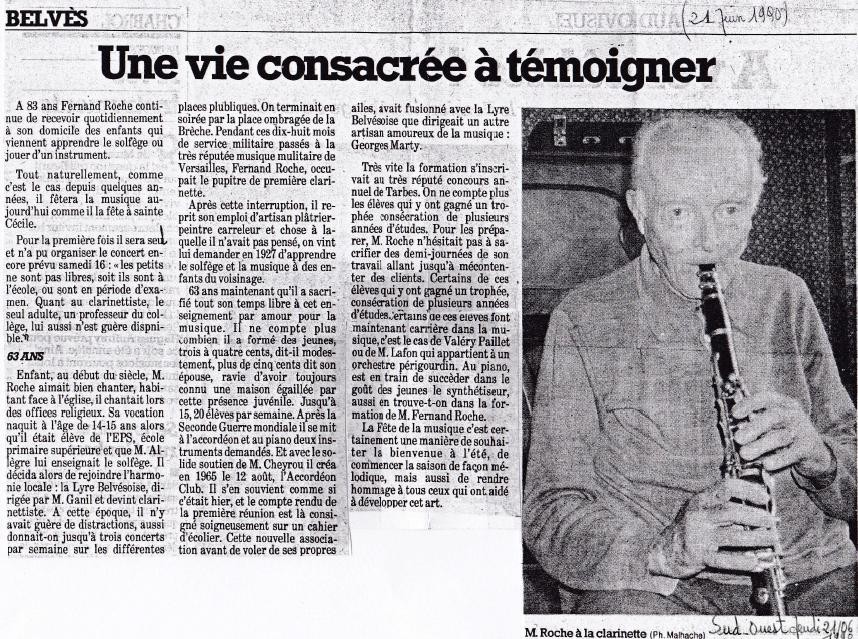 Article et photographie de Fernand Roche sur sa passion, qu'était la musique